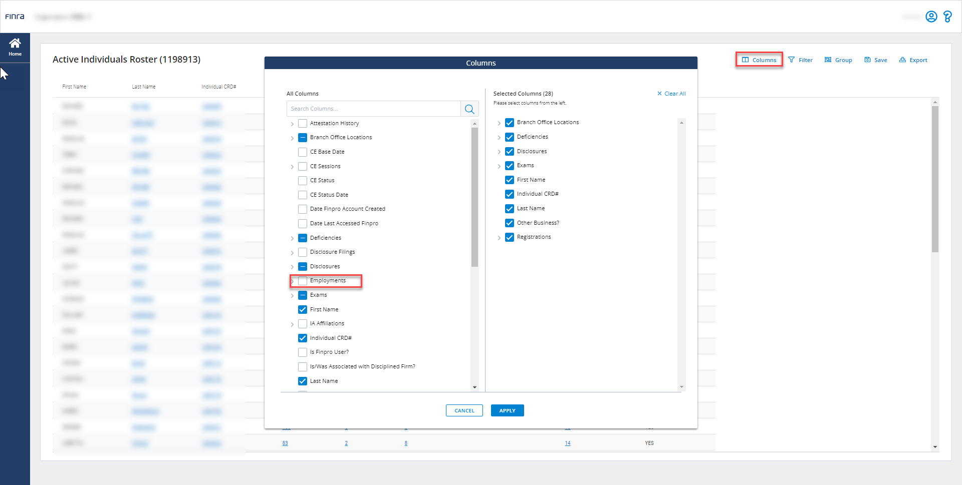 With the Active Individuals Template open, the Employments subtable isn’t shown by default. Open the Columns tool to add the Employments column by selecting the check box next to it.
